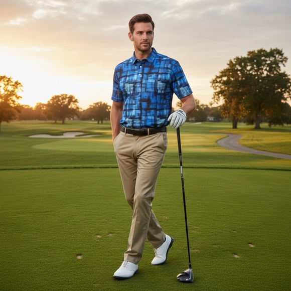 Hreski Polo Shirt Mens Large Blue Golf Performance Short Sleeve Geometric Print
